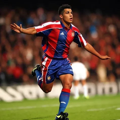 Araffe football player in red and blue uniform running with arms outstretched, Ronaldo Phenomenon, ronaldo brasileiro, Alphonse Muca, Pablo Perdomo, wonderful obra de arte, Luis Melo, obra de arte!!!, Direction: Arnold Bronckhorst, christophe jovem eytan z...