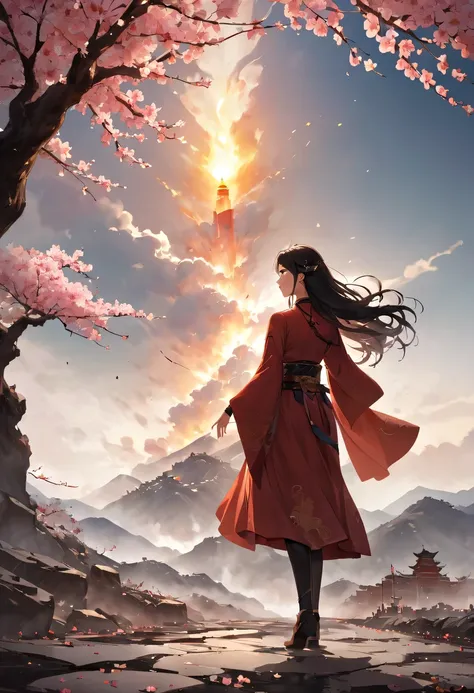 (Ten Miles of Enchanting Peach Blossoms:1.2)，The back of a woman with long hair reaching her waist stands under the peach blossom tree，firm eyes， Heqiang，She looked at the battlefield in the distance, filled with smoke.，The flames burst into the sky，China，...