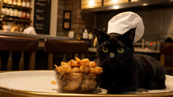 (Cute black cat) fries (shrimps), cat with (chefs hat), in french restaurant 