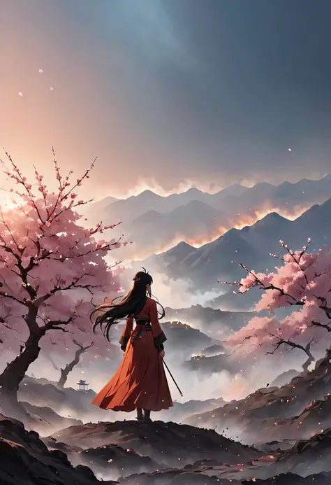 (Ten Miles of Enchanting Peach Blossoms:1.2)，The back of a woman with long hair reaching her waist stands under the peach blossom tree，firm eyes， Heqiang，She looked at the battlefield in the distance, filled with smoke.，The flames burst into the sky，China，...