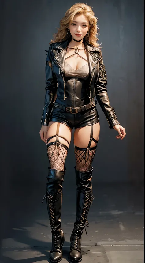 professional full body photo, One-person viewpoint, high detail, realistic skin, Glamorous model with curly blonde hair, seducing smile (((Lace-up Bodysuit))), (((fishnet tights))), (((garterbelts))),(((leather jacket)), (((Leather boots))), (((choker))),(...