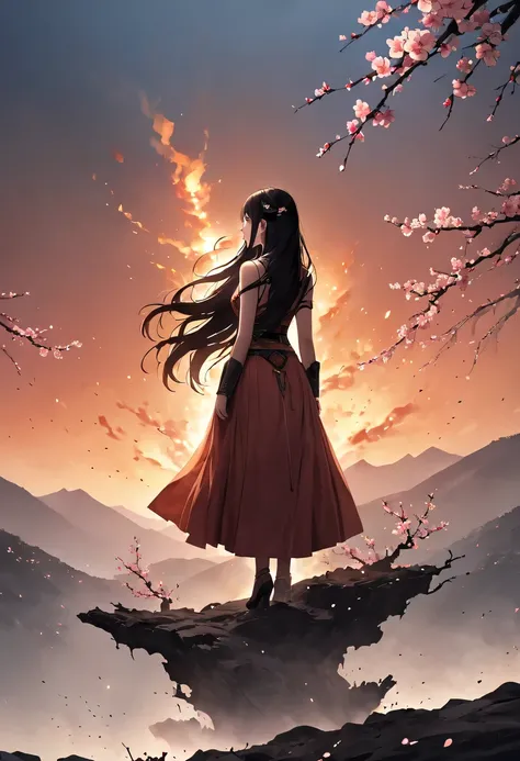 (Ten Miles of Enchanting Peach Blossoms:1.2)，The back of a woman with long hair reaching her waist stands under the peach blossom tree，firm eyes， Heqiang，She looked at the battlefield in the distance, filled with smoke.，The flames burst into the sky，China，...