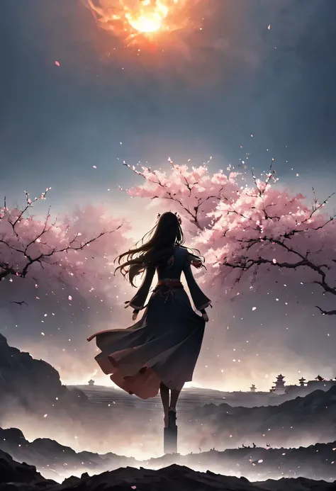 (Ten Miles of Enchanting Peach Blossoms:1.2)，The back of a woman with long hair reaching her waist stands under the peach blossom tree，firm eyes， Heqiang，She looked at the battlefield in the distance, filled with smoke.，The flames burst into the sky，China，...