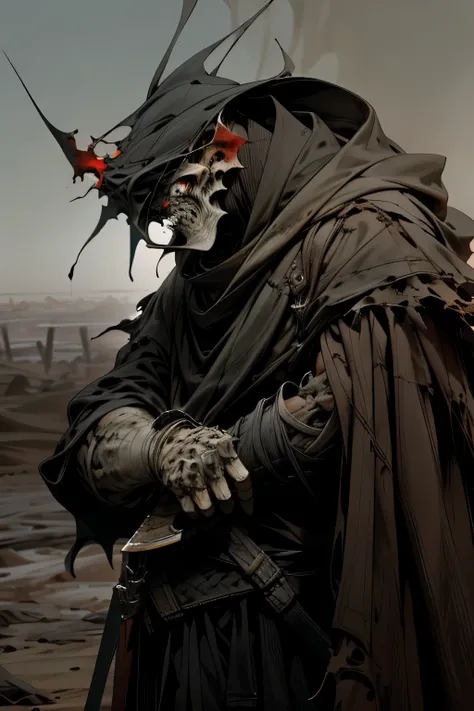 "In the depths of a hauntingly beautiful desert landscape, a chilling figure emerges. Clad in a tattered, Sandman-like cloak, his face obscured by a grotesque mask that appears to have once been fascinating but now looks like shit. The monster villain exud...