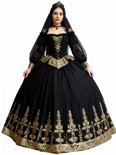 uma mulher em um vestido preto e dourado segurando uma faca, royal vestido, ornate royal vestido, historical vestido barroco, intricate vestido vitoriano, black vestido vitoriano, vestido barroco, historical vestido barroco dark, vestido real, vestido vito...