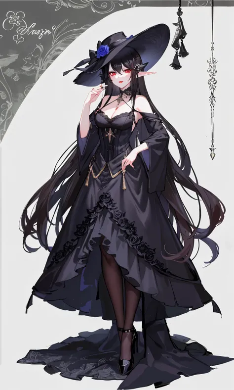 long black hair,close up,dream world,Elf royal sister,red lips,long black hair凌乱的发丝,Nice red eyes,ruins background,Black Rose Garden,grace,Manicure,Huge wide-brimmed black hat,(Black lady hat),necklace,humanoid,Baroque, Her skin is very white, fair complex...