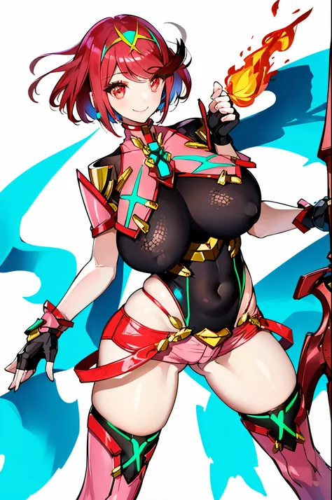 pyra (xenoblade), teen_1girl, , bangs, black gloves, breasts, red eyes, shout, earrings, eyelashes, fingerless gloves, floating hair, , gem, gloves, hair ornament, headpiece, jewelry, big_breasts, leaning back, swimsuit, neon trim, official art, pose, red ...