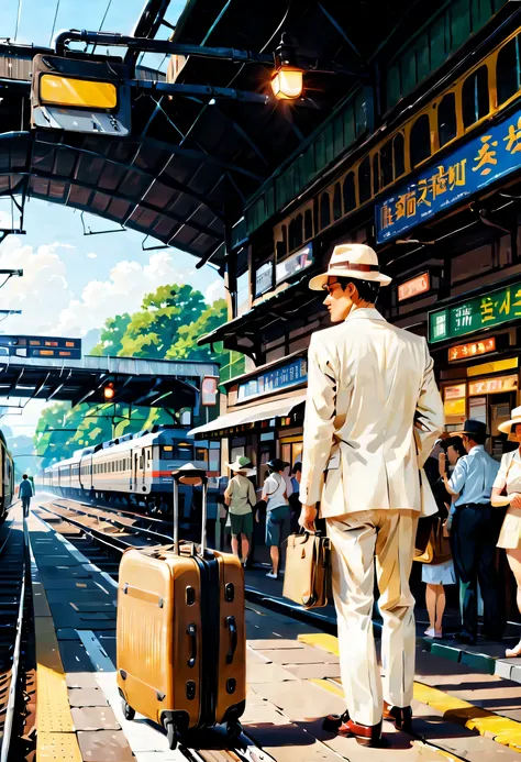 On the go.Waiting for the train to arrive.There is a man wearing a white casual suit, Sun hat and suitcase waiting for train,Railway station scene tourism aesthetics, Color photos, Color film street photography, Hyperrealistic Film Photography, Portra 800 ...