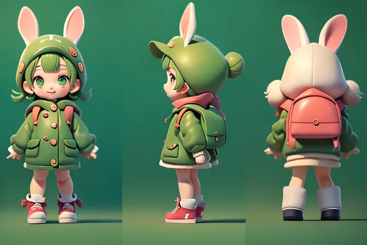 Backpack，green eyes，green hair，bag，sock，白色shoe，hat，bunny ears，1 girl，animal ears，long sleeves，shoe，动物hat，绿色coat，double tail，短double tail，kneehigh，multiple views，hood，standing，looking at the audience，Girl child，低double tail，Keep your mouth shut，兔子hood，sleev...