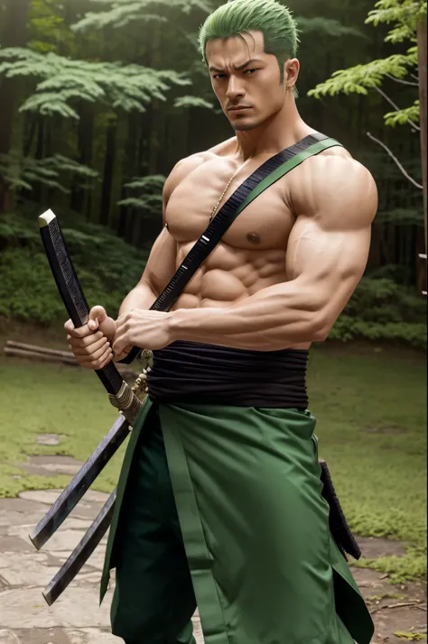 Roronoa Zoro (master part, 4k resolution, ultra-realistic, Very detailed), macho, corpo muscular, corpo imponente, imposing appearance, muscular arms, pernas musculosas, Single body, trapezoid trunk, corpo robusto, corpo muscular, Pecs redondos e carnudos ...