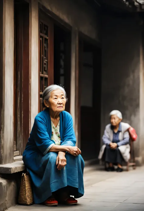 Oil painting art style ,，An old Chinese grandmother waits anxiously，expression bleak，Deep in the courtyard，High contrast lighting，Depth of field and people in the distance