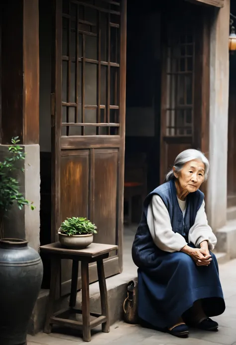 Oil painting art style ,，An old Chinese grandmother waits anxiously，expression bleak，Deep in the courtyard，High contrast lighting，Depth of field and people in the distance