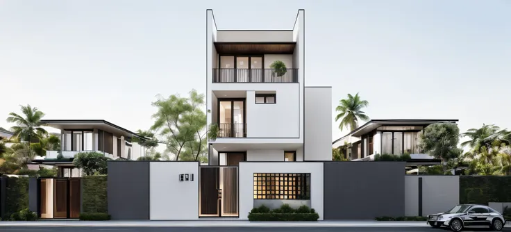 a (photorealism:1.1) architect style indochine, clean linework, frontview, inter dimensional villa, (white wall:1.1), white colu...