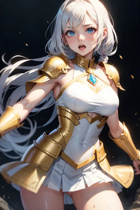 highest quality、cinematic lighting、gladiator woman、Rin々nice face、dripping sweat、full of sweat、arena、white panties、golden gladiator costume、