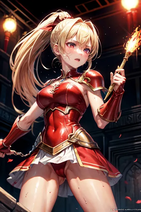 highest quality、cinematic lighting、crimson gladiator woman、Rin々nice face、arena、panties、deep red gladiator costume、full of sweat、dripping sweat、open your legs、(blonde ponytail)、