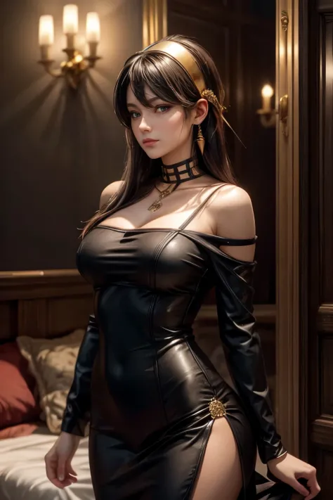 aayorf, sidelocks, gold hairband, hair ornament, red eyes, gold earring, medium breasts, choker, bare shoulders, black dress, two-sided dress, fingerless gloves, thigh boots
bbyorf, short hair with long locks, white hairband, red eyes, gold earrings, mediu...