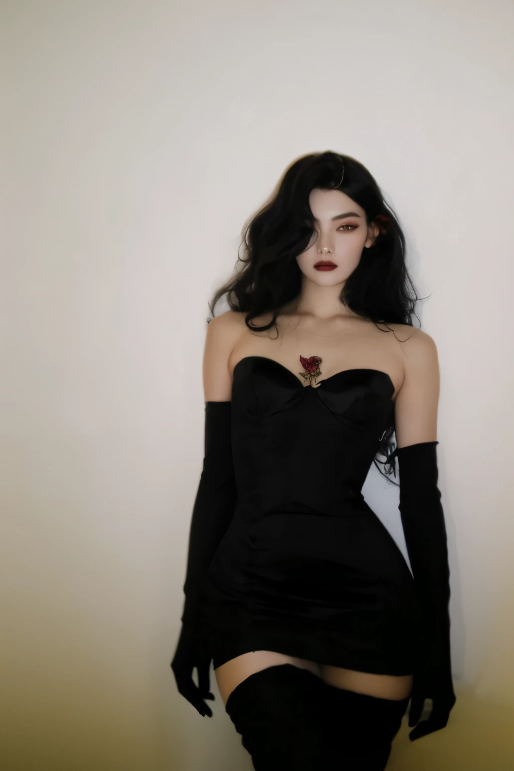 mulher arafed em um vestido preto e luvas posando para uma foto, pale gothic beauty, with pale skin, very beautiful gothic top m...