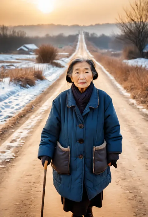 Vintage photography style ，in the sunset，cold winter，An old Chinese mother stands on a snowy dirt road, Anxiously waiting for the children from far away to go home for the New Year.，Her figure looks particularly determined in the afterglow，My old mother is...