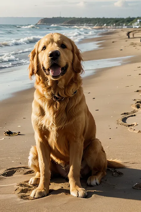 best quality, a golden retriever on a beach,happy