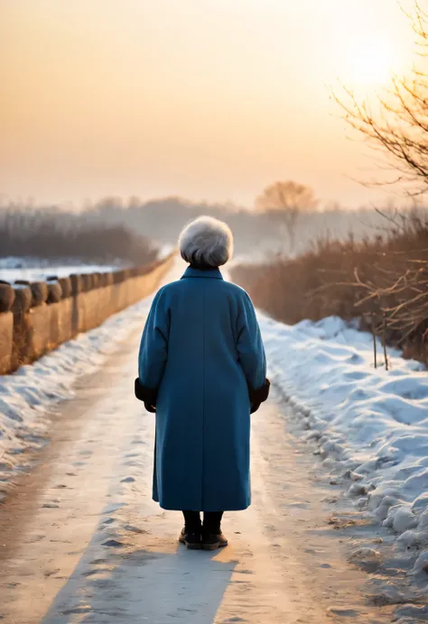 Vintage photography style ，（in the sunset，cold winter，The back view of an old Chinese mother standing on a snowy dirt road），Anxiously waiting for the children from far away to go home for the New Year，Her figure looks particularly determined in the aftergl...