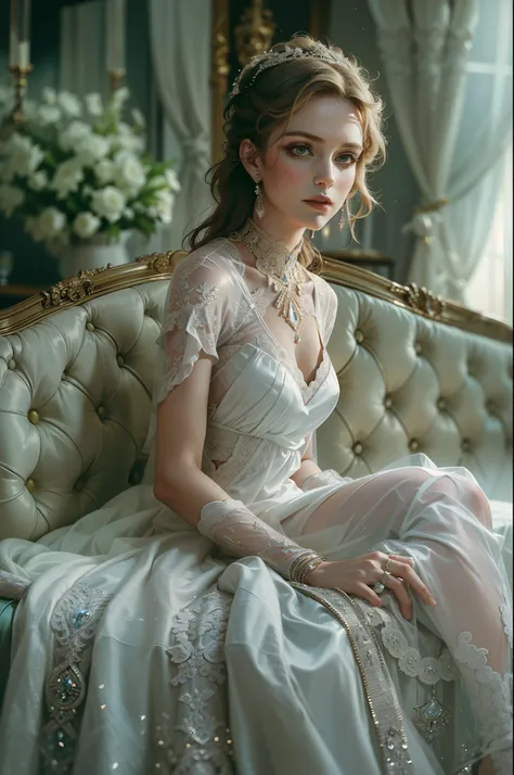 a close up of a woman in a wedding dress sitting on a couch, a portrait by Roman Bezpalkiv, tumblr, art nouveau, stunning elegant, beautiful detailed elegant, dressed in white intricate lace, very beautiful style, ethereal beauty, 8k)), gorgeous soft light...