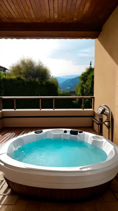 ((best quality)), ((masterpiece)), (detailed), perfect lighting of a hot tub on a balcony in Italy. Photo realistic, Liminal themed. Add a water slide. Add rain effect. 