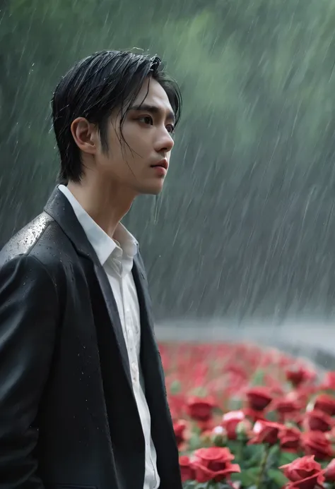 In a bustling city，cold rain，Standing alone in the rain，The tightly held roses are scattered on the ground。His eyes were a little confused，The expression is sad，Gloomy eyes， Heqiang，Wilted roses，Wilted flowers，The rain washed his cheeks。He insisted on wait...