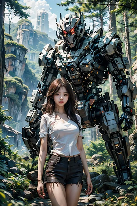 Masterpiece, top image quality, 8k resolution, solo presentation, Asian man in a ripped white shirt, standing passionately in the heart of a futuristic, cubic-style forest.His strong, defined features contrast against the lush, sci-fi flora around him. In ...