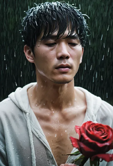 in the cold rain，手捧Wilted roses的男人，Gloomy eyes， and strong，Wilted roses，Wilted flowers，His figure looked particularly desperate。The rain beat down on him mercilessly，但它不KON&#39;Wash away the pain and despair in his heart。His eyes are empty and numb，Seems t...