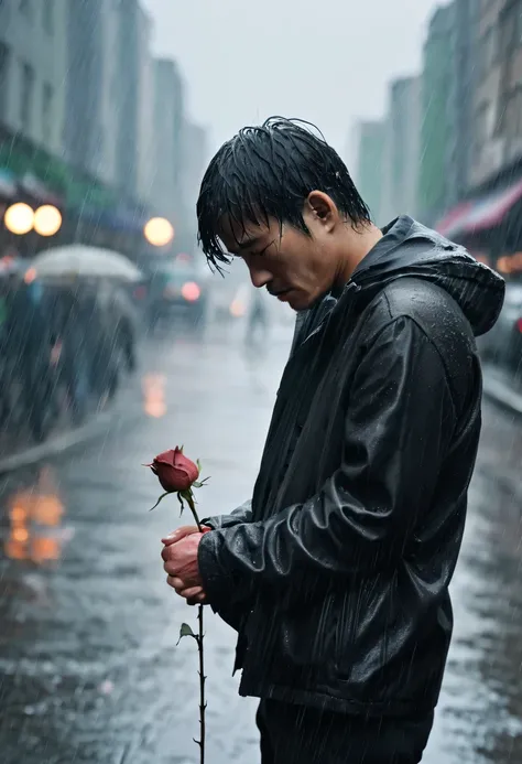 in the cold rain，Man holding withered rose in hand，Gloomy eyes， and strong，His figure looked particularly desperate。The rain beat down on him mercilessly，但它不KON&#39;Wash away the pain and despair in his heart。His eyes are empty and numb，Seems to have lost ...