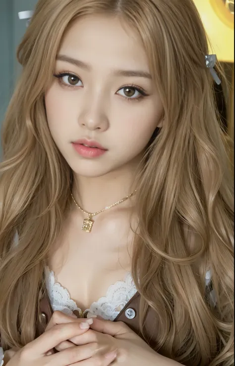 Closeup of a woman with long hair wearing a bra, con cabello largo y ojos penetrantes, light brown long wavy hair, brown light hair y prolijo, Cabello beige, ulzzang, Cabello suave, Retrato realista kawaii, maquillaje suave, pale porcelain white skin, Your...