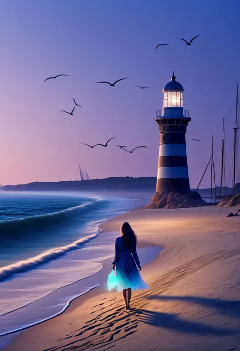 pastel tones，Light style，Comfortable and calm，nature，warm and cozy，night，There will be blue lights on the beach，surging in the waves、when the sea breeze blows，fluorescent beach，stunning sea view，Sailing ships in the distance，woman standing on lighthouse，Ve...