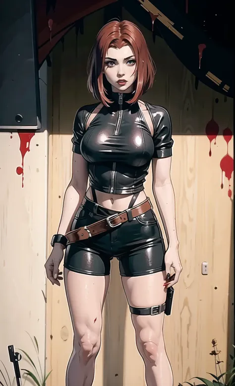 dangerous red-haired killer girl, girl in black tight clothes, short shorts, tight jacket, belts, band-aid on the nose, contempt...