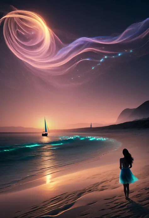 pastel tones，Light style，Comfortable and calm，nature，warm and cozy，night，There will be blue lights on the beach，surging in the waves、when the sea breeze blows，fluorescent beach，stunning sea view，Sailing ships in the distance，Woman standing on the beach，Ver...