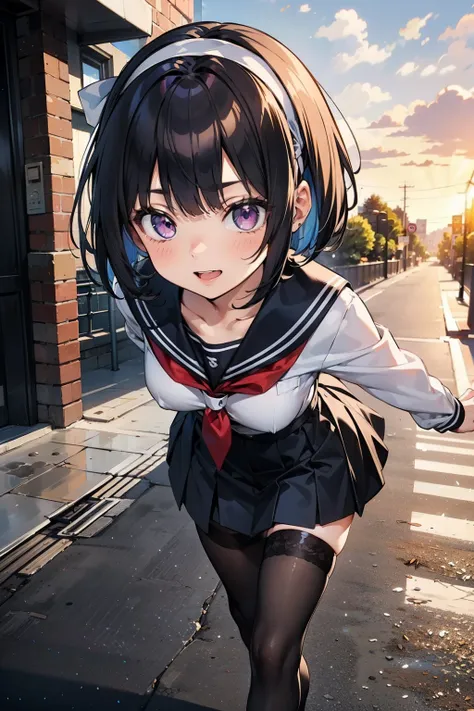 body 8 times longer than head, (Highly detailed CG unity 8k), (highest quality)，(very detailed)，(ultra high resolution), black hair, High school girl wearing a navy sailor suit, Anime 2D rendering, realistic young anime high school girl, ((White headband))...