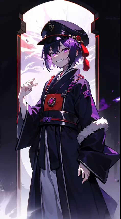 young guy, short fluffy hair, lilac eyes, Best quality, Super detailed illustration, Postman Hat, japanese loose clothing, purple and dark tones, grin, full length, dark aura, black and red, Two tons, dark shade, red tint, high contrast, Dark lighting