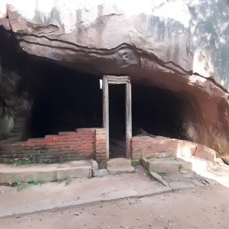 there is a small entrance to a cave with a brick wall, cave entrance, ancient caves, underground temple, ancient cave, stone gate to the dark cave, empty bathhouse hidden in a cave, cave town, entrance to an ancient dungeon, shaved temple, stone grotto in ...