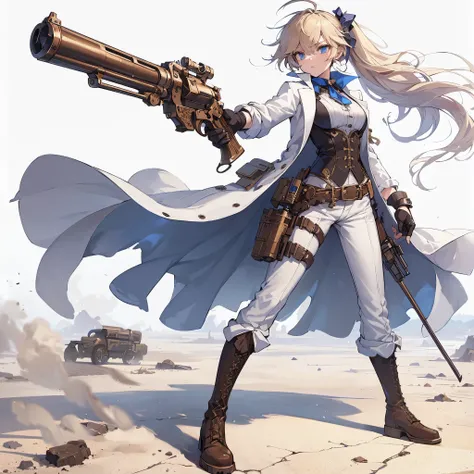 
(masterpiece, Best Quality), (Perfect athlete body:1.2), (detailed hairs), Ultra-detailed, Anime style, Full body, Solo, stylish gunfighter girl, blonde hair, blue eyes, in male cloth white pantsuit, held steampunk long Barrel pistol, wearing long boots, ...