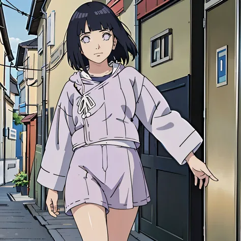 Madura hinata hiuga, pechos medianos, piernas delgadas, caminando en la calle estilo conoha, usando short corto de mesclilla, y una blusa blanca ajustada, sonrrojada