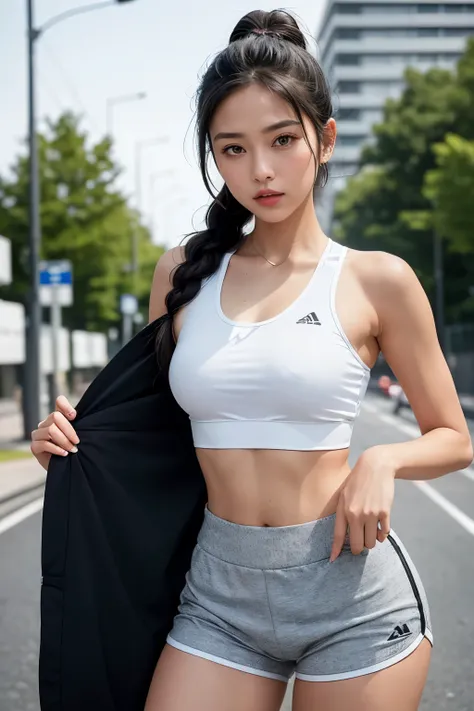 Gorgeous and cute Austrian girl, (casually dressed in a cropped top), with steel gray hair loose-braided to the side, wears a white top and black shorts. Her sport bra peeks out from underneath, complementing her stylish sportswear. Sport bra and shorts fo...