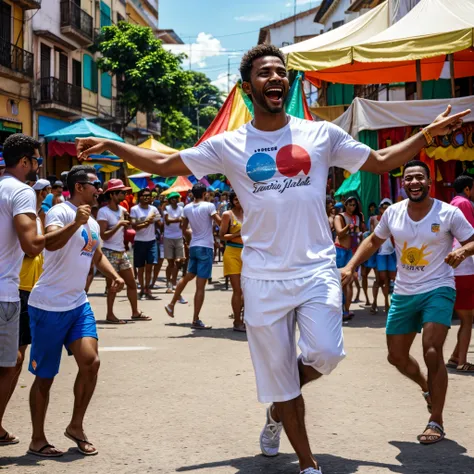 Realistic image. A man having fun at a street carnival in Brazil, wearing a white T-shirt. Dancing full-length. General shot. Cheerful and colorful scenery.