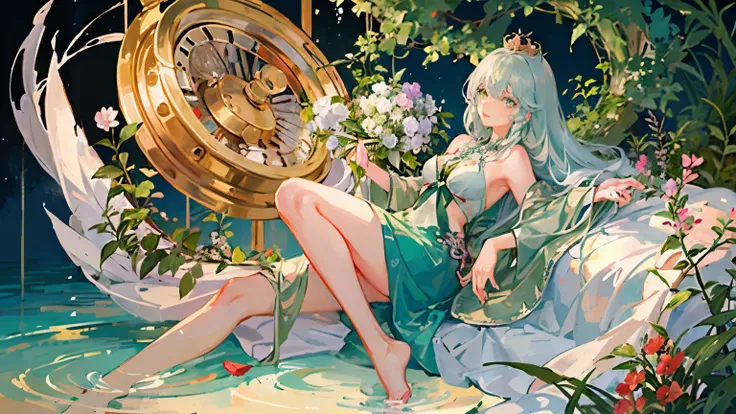 Beautiful older anime woman with long white hair and beautiful green eyes. Glowing green elegant tattoos all over her body. 2 wings full of flowers like gardens. Beautiful skin, medium sized breasts, naked feet, elegant clothes sleeveless. A crown of light