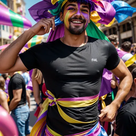 Hyperrealistic image. A man having fun at a street party called mardi gras wearing colorful make-up and a plain black T-shirt with no print or adornment. American shot, showing from the waist up. Ribbons and colored paper falling behind the person. A cheer...