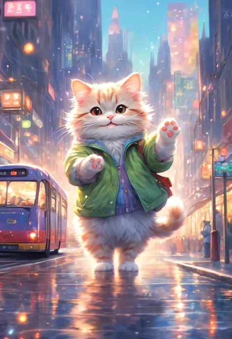 anthropomorphic cat,minuet,bus stop,See timetable,cute,fluffy fur,masterpiece,rich colors,highest quality,official art,fantasy,colorful,Happy,smile,最高にcute猫,fluffy cat,I&#39;m looking forward to,happiness,nice background,stylish cityscape,fun outing,fun wa...