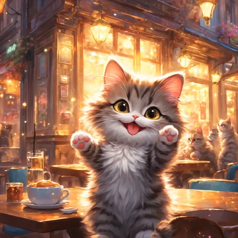 anthropomorphic cat,minuet,cafe,warm interior,cute,fluffy fur,masterpiece,rich colors,highest quality,official art,fantasy,color...