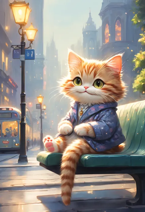 anthropomorphic cat,minuet,bus stop,sit on a bench,sleeved,cute,fluffy fur,masterpiece,rich colors,highest quality,official art,...