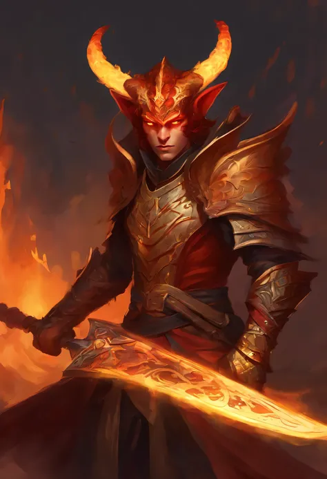 Create an image of a male Tiefling character, inspired by Dungeons and Dragons. The character must have light red skin and be physically beautiful. His hair is long and vibrant red, with golden tips. The characters eyes are captivating, being yellow with b...