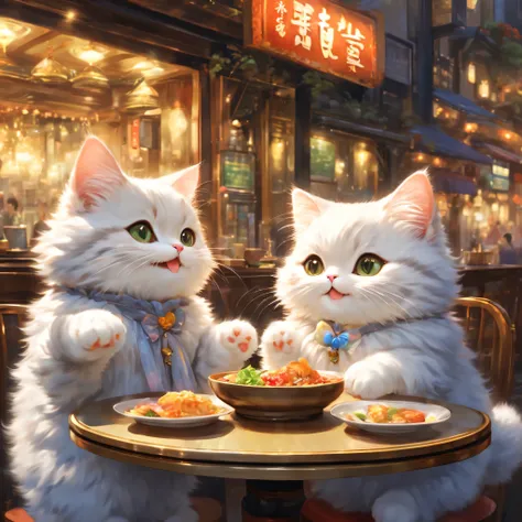 anthropomorphic cat,minuet,ダイニングtable,tableの前で待っています,cute,fluffy fur,masterpiece,rich colors,highest quality,official art,fantasy,colorful,((nothing is placed))table,restaurant,Happy,smile,最高にcute猫,fluffy cat,I&#39;m looking forward to,happiness,nice backg...