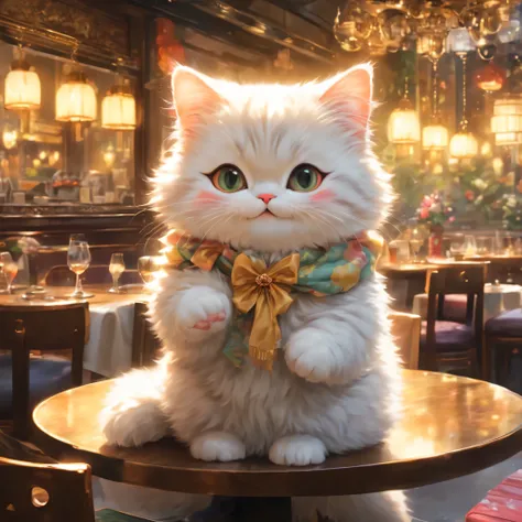 anthropomorphic cat,minuet,ダイニングtable,tableの前で待っています,cute,fluffy fur,masterpiece,rich colors,highest quality,official art,fantasy,colorful,((nothing is placed))table,restaurant,Happy,smile,最高にcute猫,fluffy cat,I&#39;m looking forward to,happiness,nice backg...