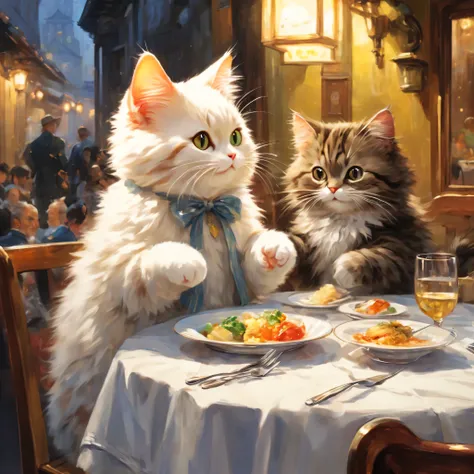 anthropomorphic cat,minuet,ダイニングtable,Holding a fork and knife in each hand,white napkin for meals,I&#39;m waiting in front of the table,cute,fluffy fur,masterpiece,rich colors,highest quality,official art,fantasy,colorful,((nothing is placed))table,restau...